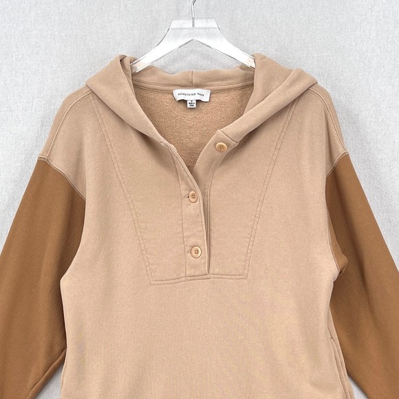 SOMETHING NAVY Hooded Sweatshirt Dress Womens Small Tan Colorblock Long Sleeve - Picture 6 of 15